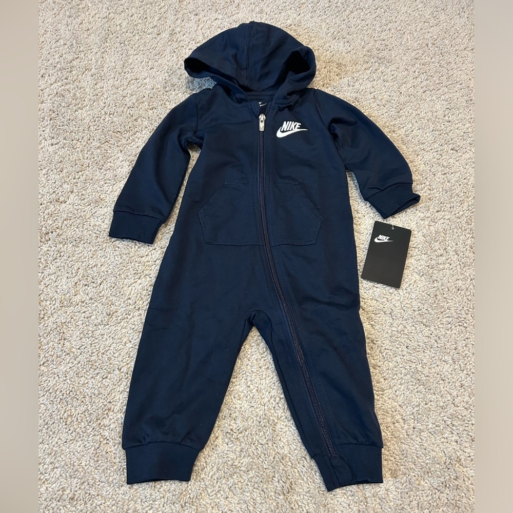 New Nike Toddler Navy Full Zip Hooded Jumpsuit Romper - Size 24 Months NWT